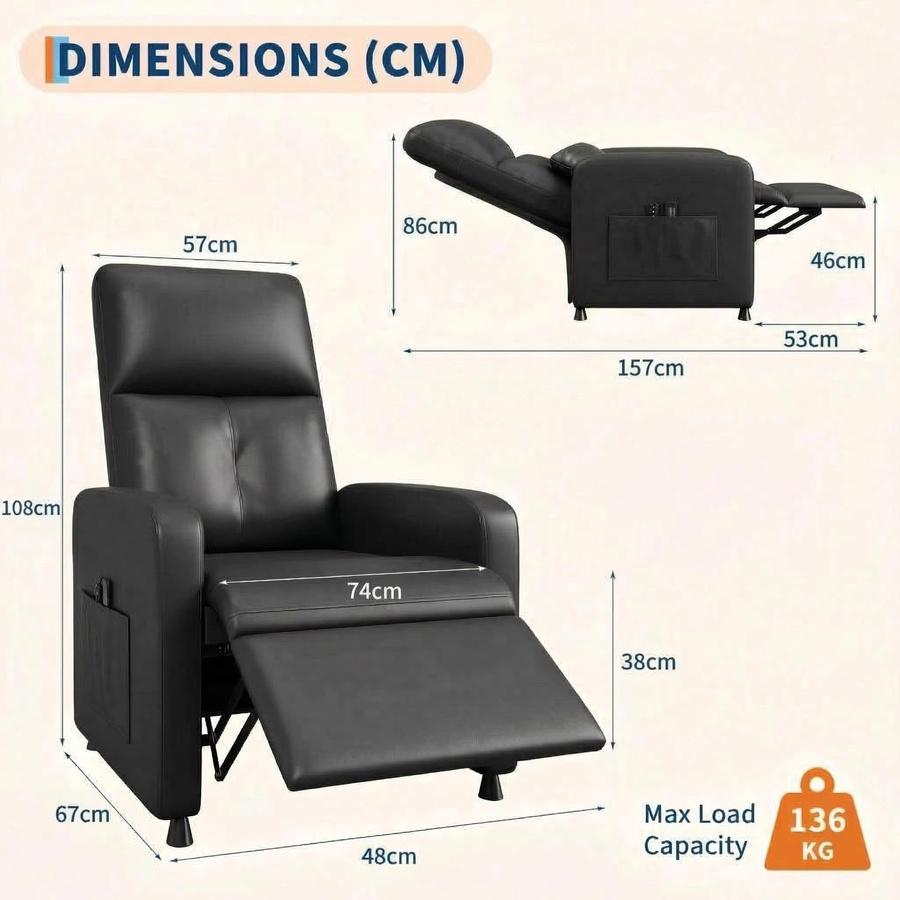 Garvee Elektrischer Massagesessel in Schwarz mit Liegefunktion, Wärmefunktion und Lendenstütze, TV-Sessel aus Kunstleder mit USB-Anschluss und Seitentasche - Bild 2