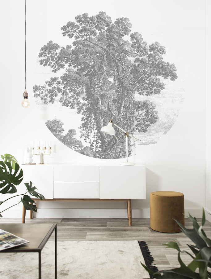 KEK Amsterdam Mural Engraved Tree Circle Wandbild in Schwarz Weiß Grau, Durchmesser: 142,5 cm - Bild 1