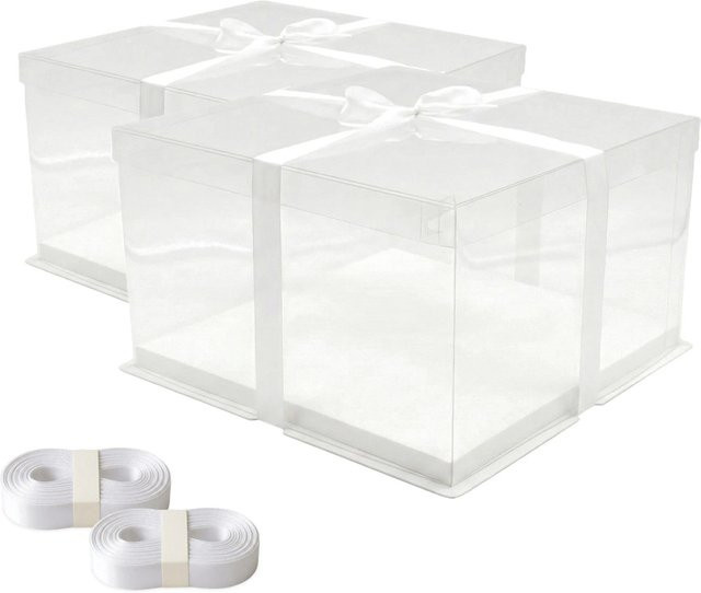 Relaxdays Tortenbox aus PET im 2er Set mit Satinband, Weiß, B: 20 cm, T: 30 cm, H: 30 cm - Bild 1