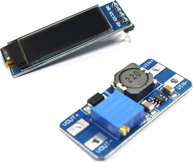 MT3608 Boost Converter mit 0,91 Zoll OLED Display Combo SSD1306 I2C 128x32 Power und Display Kit für Arduino ESP32 in Blau - Bild 1