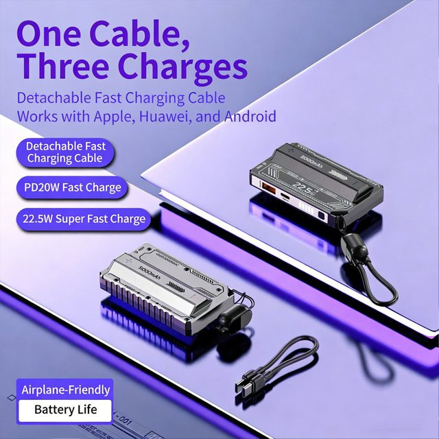 Tragbare Akku-Powerbank mit 5000 mAh und integrierten Kabeln für iPhone und Samsung - Bild 1