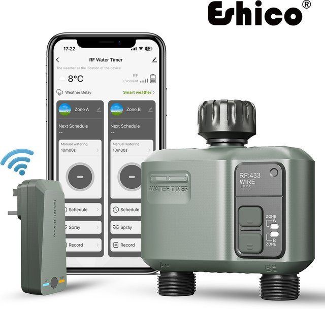 ESHICO HCT-636 Kabelloser Automatischer Doppelsteckdosen-Wassertimer mit App-Fernbedienung für die Gartenbewässerung, Grau - Bild 1