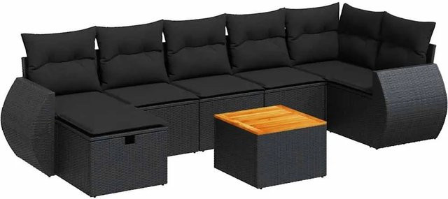 vidaXL 8-teilige Garten-Sofagarnitur in L-Form aus Polyrattan mit Kissen und Ottoman in Schwarz - Bild 1