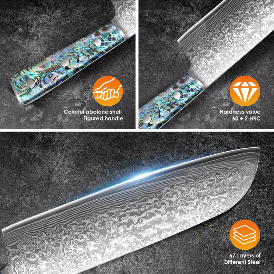 SAEIV Santoku-Messer aus Damaststahl im japanischen Stil als Allzweck-Küchenmesser zum Schneiden und Hacken von Gemüse und Fleisch - Bild 2