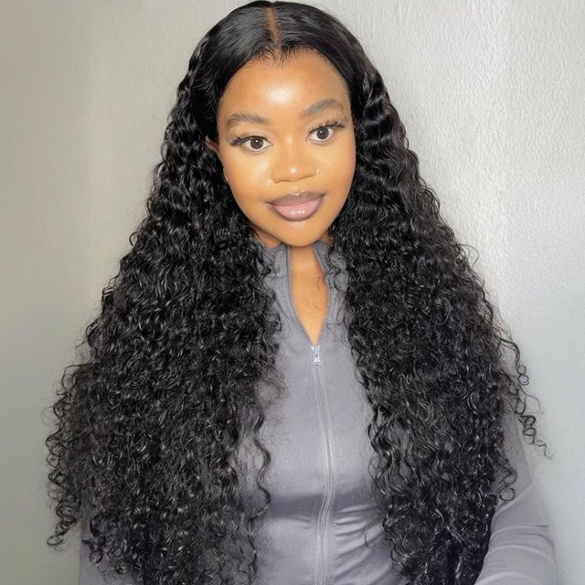 Cecycocy Echthaarperücke Deep Wave, 13x6 HD Lace Front, Natur Schwarz - Bild 1