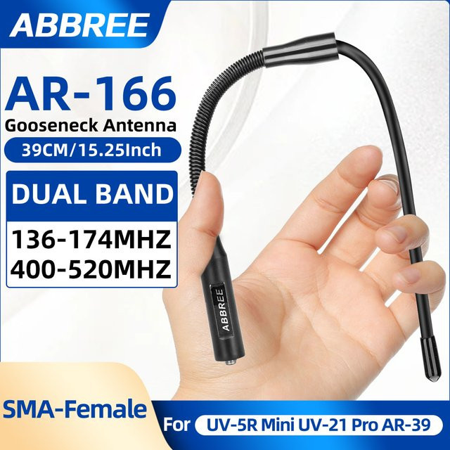 ABBREE AR-166 Schwanenhalsantenne mit SMA-Buchse für VHF UHF Dual Band, Schwarz, kompatibel mit Baofeng UV-5R, MINI UV-5RH, 21 PRO und Quansheng UV-K5 Walkie Talkies - Bild 1