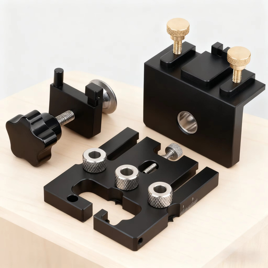 FNICEL 3-in-1 Dübellehren-Set in Schwarz, verstellbare Taschenlochlehre und Bohrführung für Zimmerei und Zapfenstanzer - Bild 3