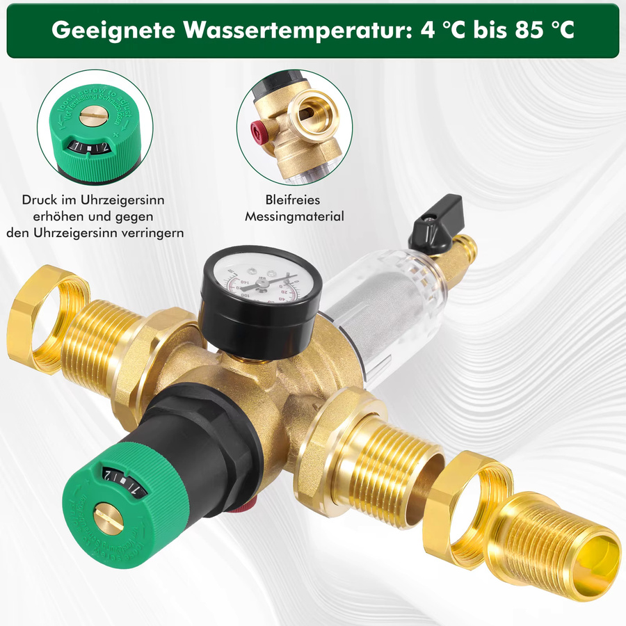 DN25 Messing-Druckminderventil mit Filter in gebürstetem Messing/Gold - Bild 2