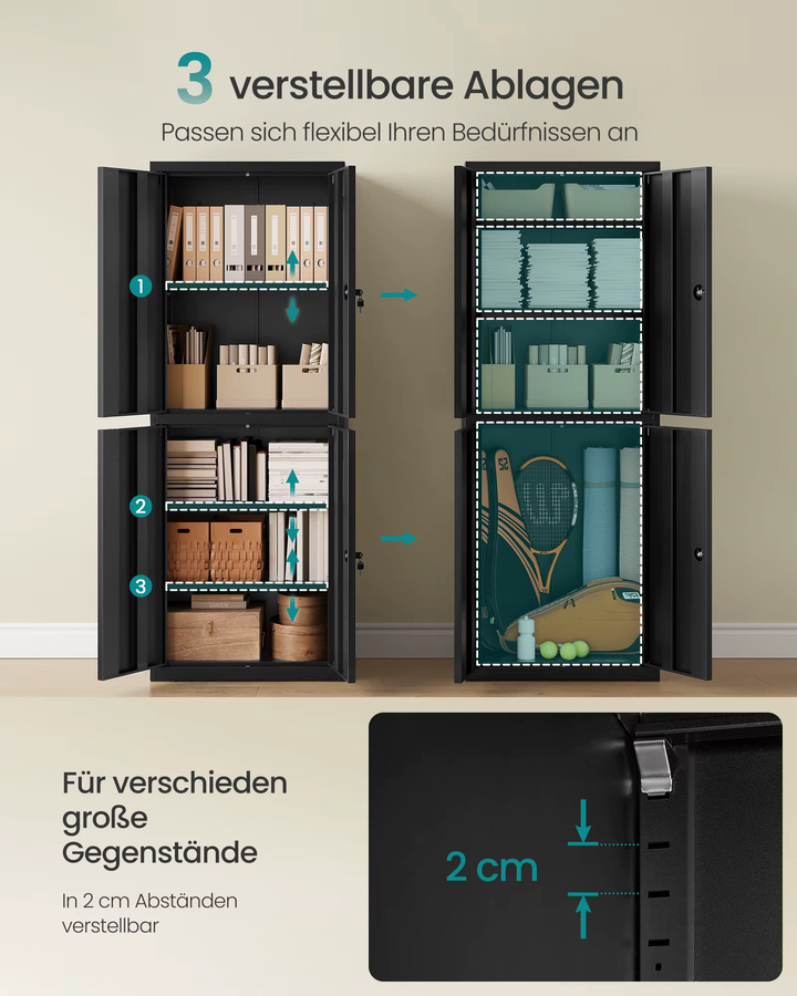 SONGMICS Aktenschrank aus Metall in Schwarz Matt mit 4 Schranktüren und 2 Schlössern, B/T/H: 40 x 40 x 180 cm - Bild 4