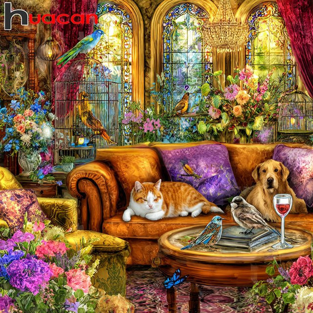 Huacan Diamantmalerei Tier-Motiv mit Hund, Katze und Vögeln in Multicolour, Diamantmosaik Bild aus Strasssteinen mit runden Steinen, B/T/H: 20 x 20 x 20 cm - Bild 1