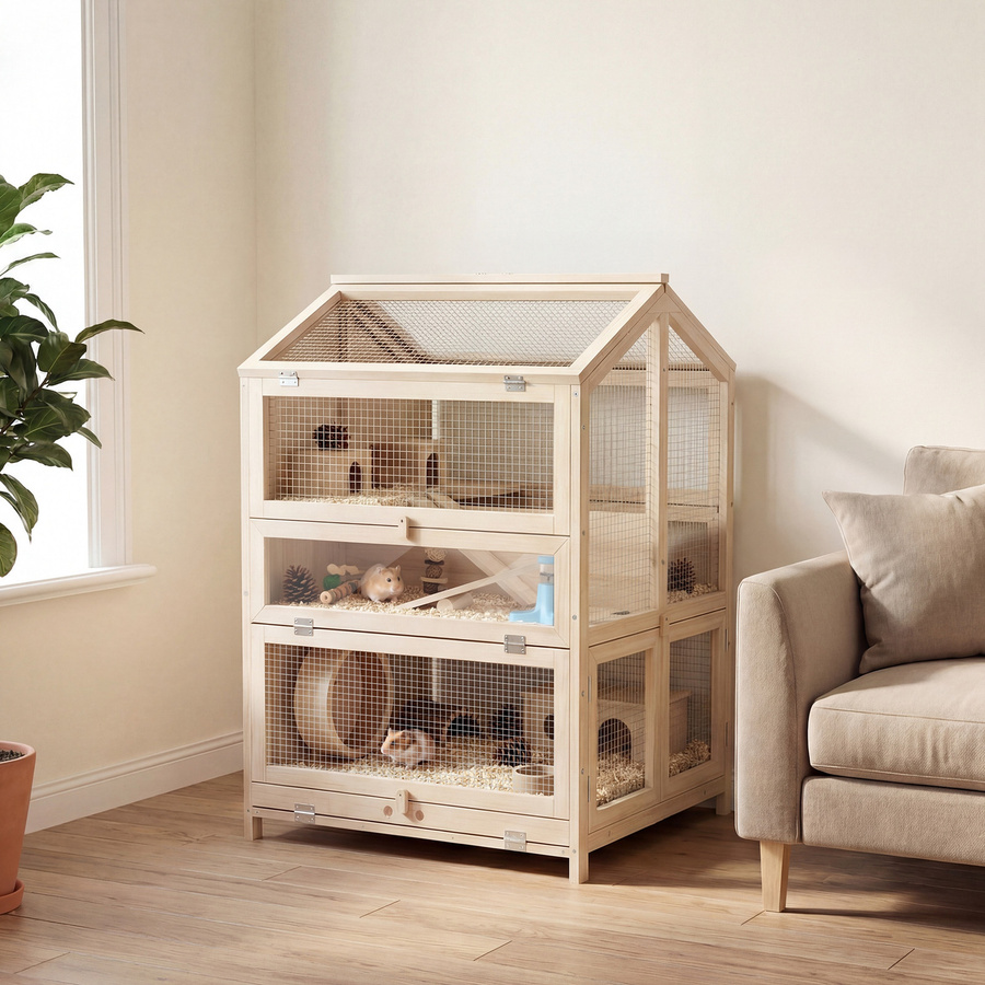 PawHut Hamsterkäfig aus Naturholz mit 3 Etagen, Nagerkäfig für Kleintiere inklusive Hütten, Wippen, Rampen und Wasserschalen, Farbe: Braun/Beige, B/T/H: 68 x 61,5 x 90 cm - Bild 2