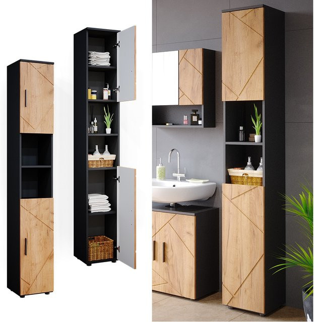 Vicco Badschrank Irma Hochschrank Badezimmerschrank mit 2 Türen und Ablage in Anthrazit/Goldkraft Eiche, B/T/H: 30 x 23,01 x 192 cm - Bild 1