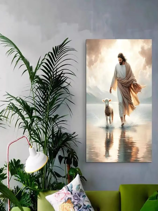 Christliche Leinwand-Wandkunst Jesus und Lamm ungerahmt als HD-Druck für deine Wanddekoration - Bild 2