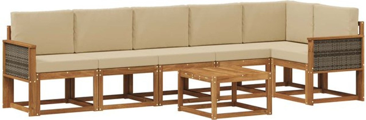 Modernes 7-teiliges Outdoor-Sofagarnitur Loungemöbel Set aus Akazie und Polyester in Natur und Beige von vidaXL - Bild 1