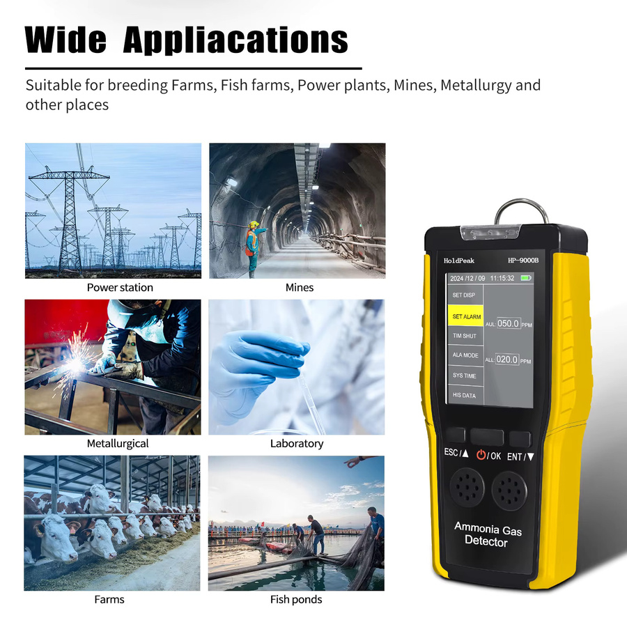 HoldPeak HP-9000B Ammoniak-Gasdetektor für kontinuierliche quantitative Analyse, tragbarer Sensor 0-100ppm, gelb, mit LCD-Bildschirm und Dual-Alarm, wiederaufladbar - Bild 6