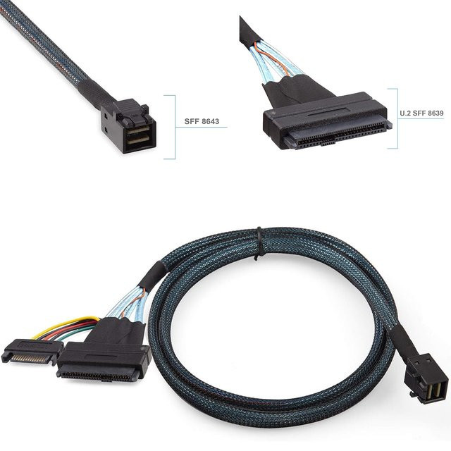 10Gtek Mini SAS SFF-8643 zu U.2 SFF-8639 Kabel PCIe 4.0 x4 mit 15-Pin SATA-Stromversorgung für NVMe SSD Hot-Swap, Schwarz - Bild 1
