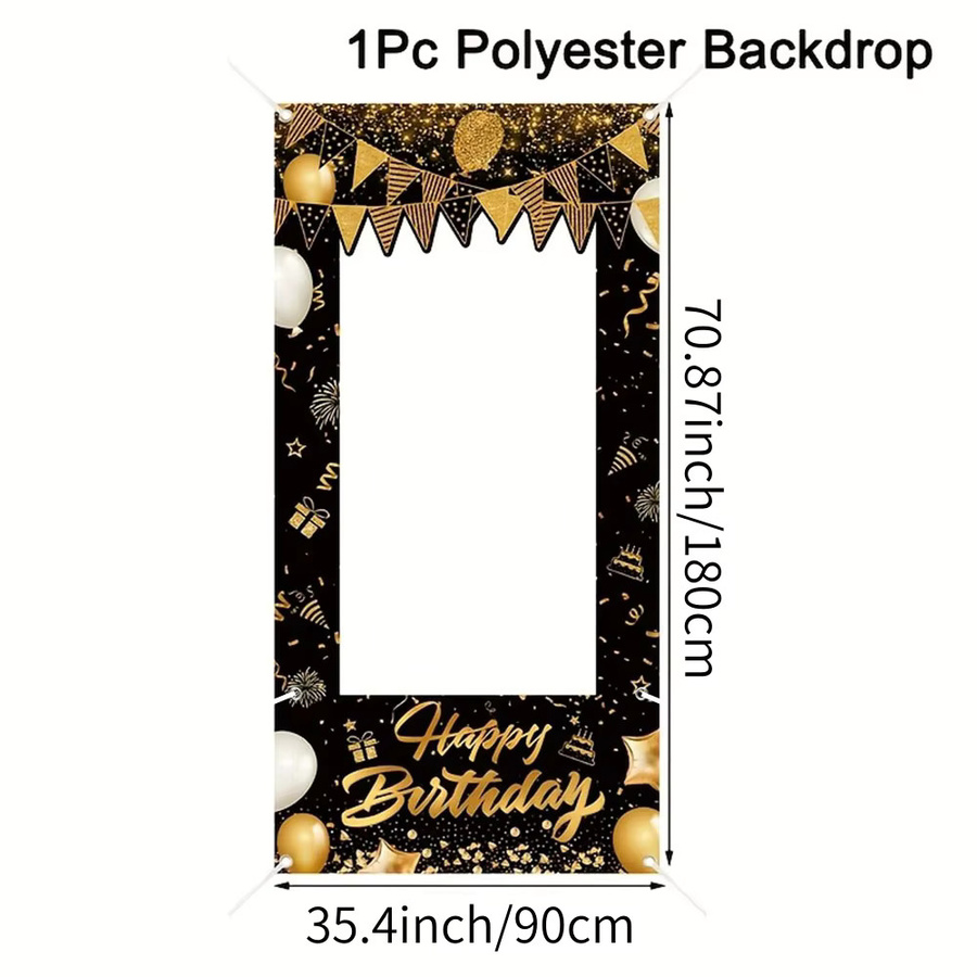 AFYPRTY Fotobox-Rahmen Happy Birthday in Schwarz-Gold, Rechteckiges Foto-Hintergrund-Banner aus Polyester für deine Geburtstagsparty, Breite: 120 cm, Höhe: 60 cm - Bild 3