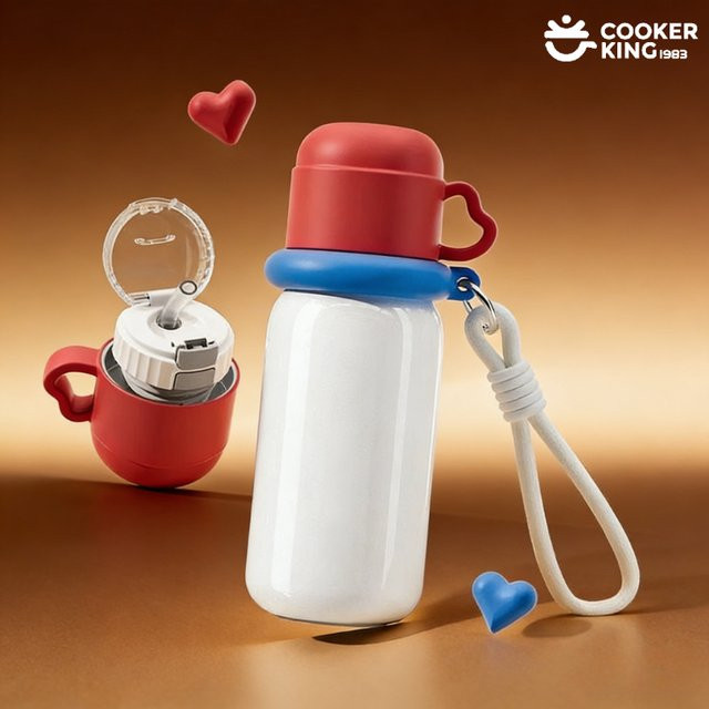 COOKER KING Kinder-Vakuumbecher mit Strohhalm aus Edelstahl und PP, Thermosflasche für heiße Speisen, 480 ml, rot, blau, mehrfarbig - Bild 1