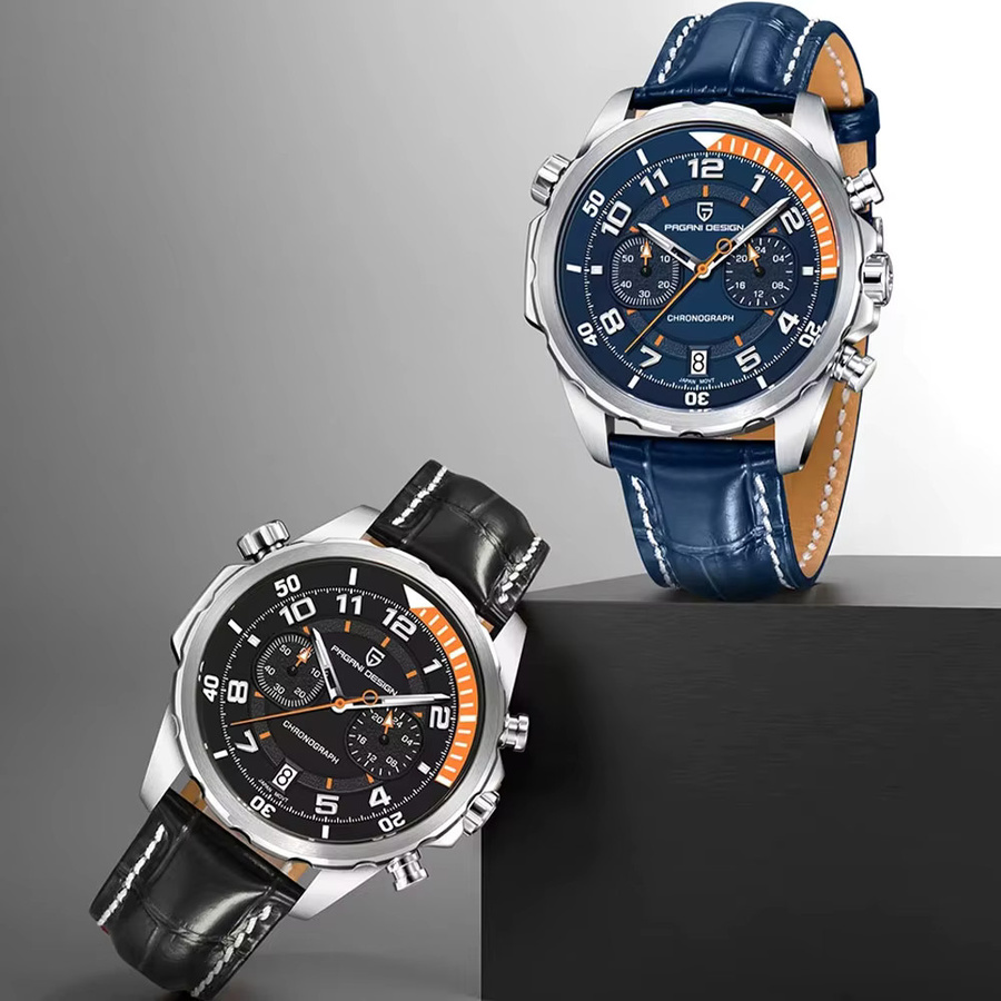 PAGANI DESIGN Chronograph, Quarz, Edelstahl, Blau, Leder, Herren, 44 mm - Bild 3