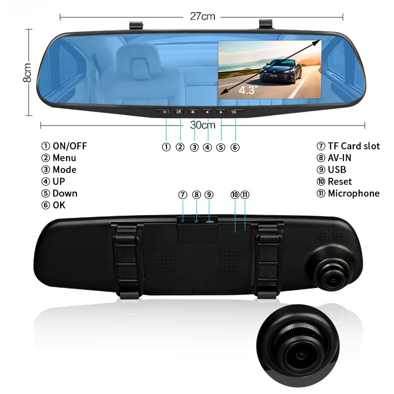 Acceo Dashcam Full HD 1080P mit 4,3 Zoll Spiegel und Dual Objektiv als DVR Rückspiegel in Schwarz - Bild 6