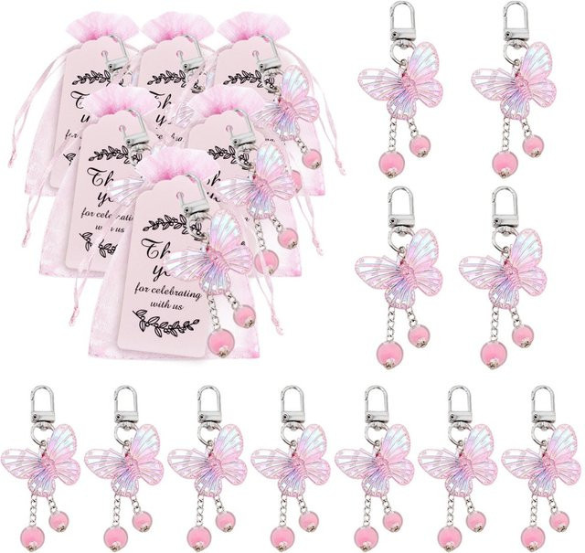 36 Stück Schmetterlings-Schlüsselanhänger mit Quasten in Pink als Geschenkset inklusive Karte und Tasche für Partys und Gäste-Souvenirs - Bild 1