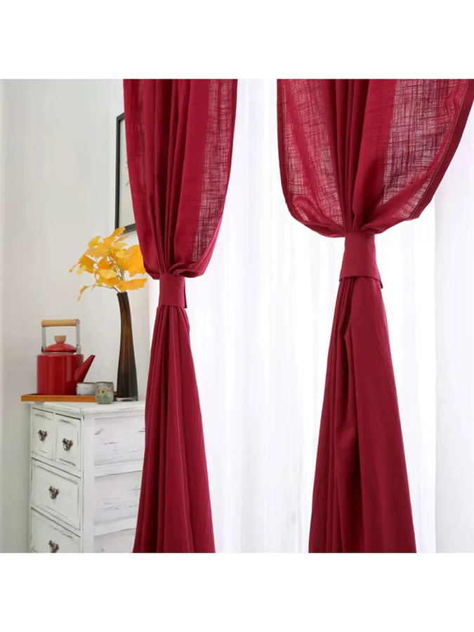 ZJBYZHOUSEHOLD Retro-Vorhang aus Baumwolle und Leinen in Rot, halbtransparent, Höhe: 210 cm, Breite: 100 cm - Bild 5