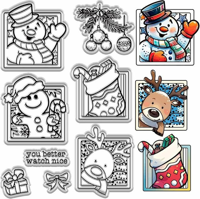 Wiederverwendbarer transparenter Silikon-Siegelstempel für Weihnachtsdekoration mit Motiven wie Weihnachtsschneemann, Lebkuchenmann, Rentier und Holly - Bild 1