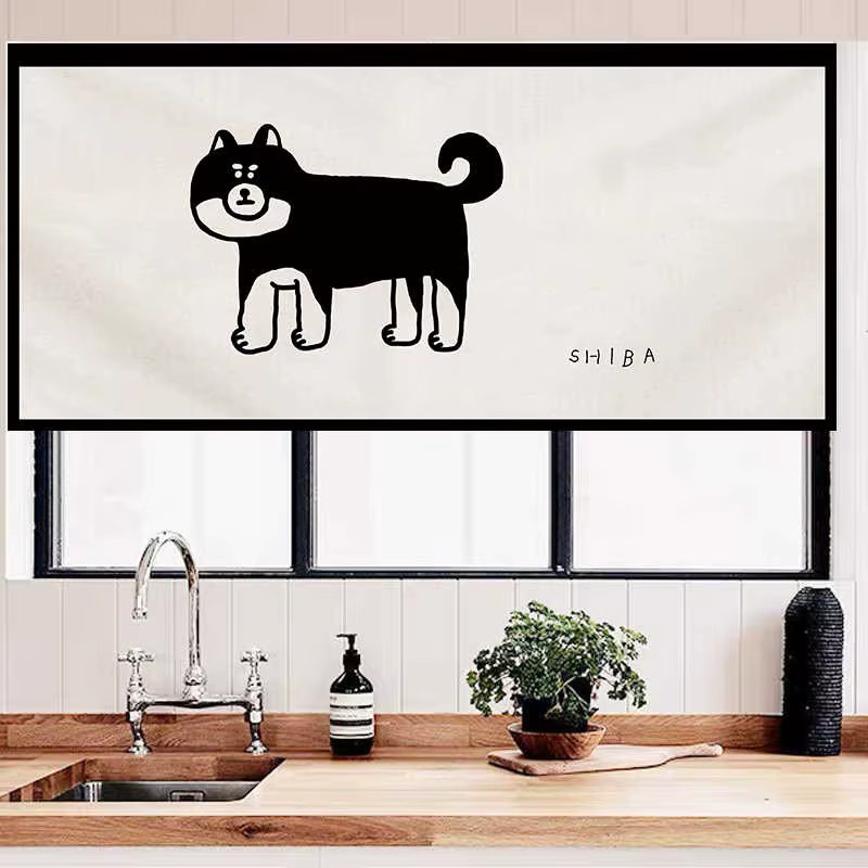VIKAMA Noren-Türvorhang Schwarz mit Klettverschluss, handgezeichnetes Grafik-Design, semi-transparent, minimalistische Dekoration für Zuhause und Gewerbe - Bild 1