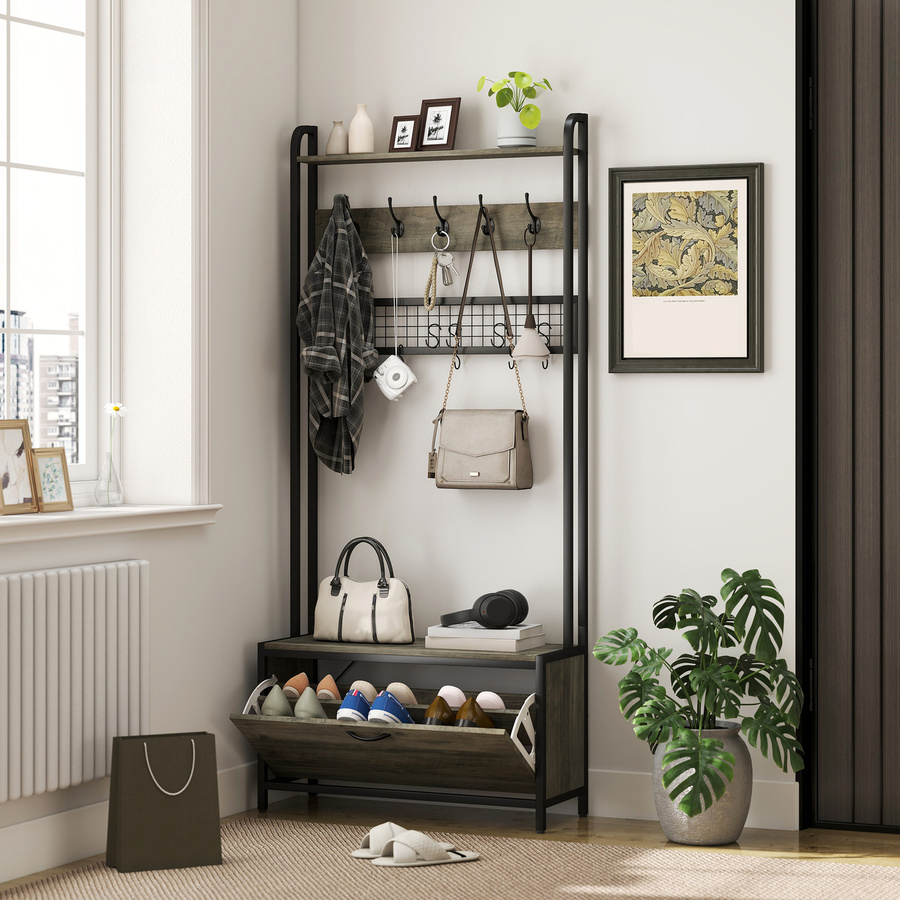 HOMCOM 5-in-1 Schuhgarderobe mit Sitzbank und Gitterpaneel, Garderobenständer für den Eingangsbereich mit Schrank, 10 Haken und Ablagebrett, Grau - Bild 2