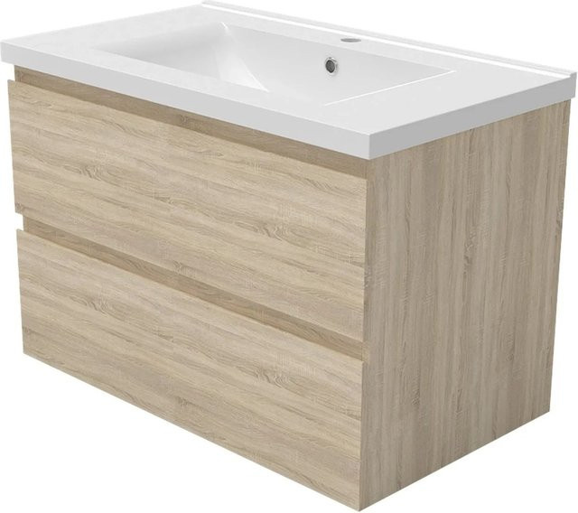 AICA Badmöbel Aalst 2-teiliges Badezimmerset mit Keramik Waschtisch und Unterschrank in Matt Eiche, Breite: 80 cm - Bild 1