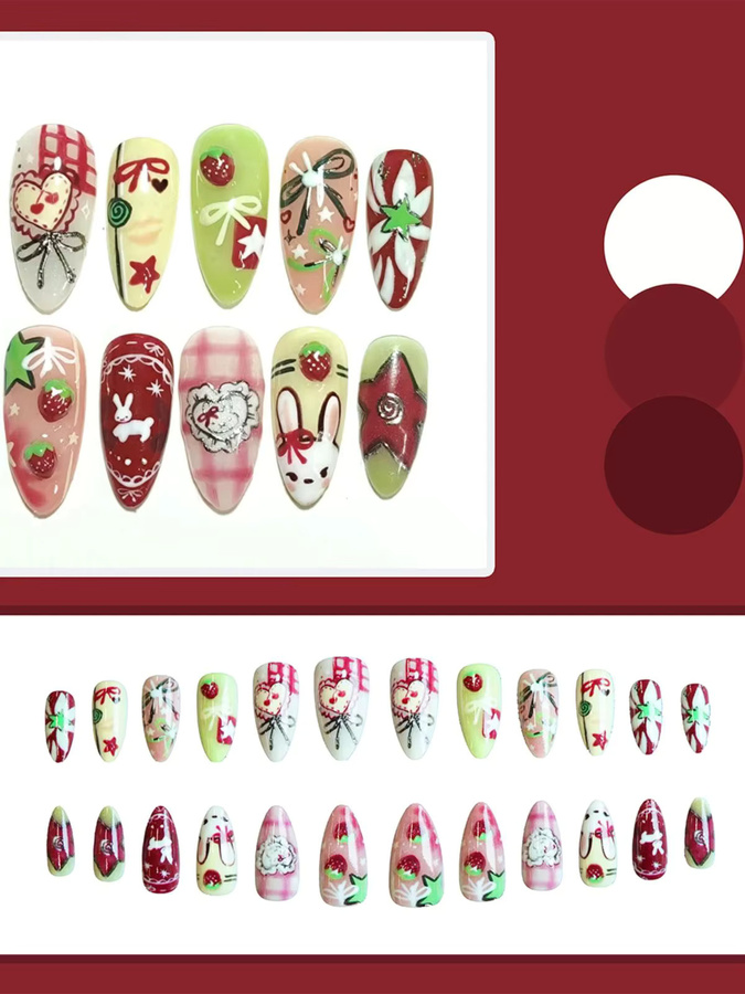 YADORNOS Künstliche Nägel, Mandelform, Erdbeer-Hasen-Design, Glänzend, 24 Stück - Bild 4