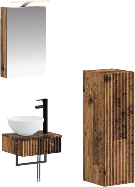 vidaXL Badezimmerschrank-Set 4-teilig aus Altholz in Braun mit LED-Beleuchtung und Spiegelschrank, B/T/H: 40 x 10,5 x 60,5 cm - Bild 1