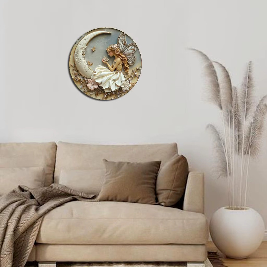 Rundes Wandkunstschild aus Metall von Potdemiel im Vintage-Design mit Fee und Mond, Mehrfarbig, Durchmesser: 20 cm - Bild 4