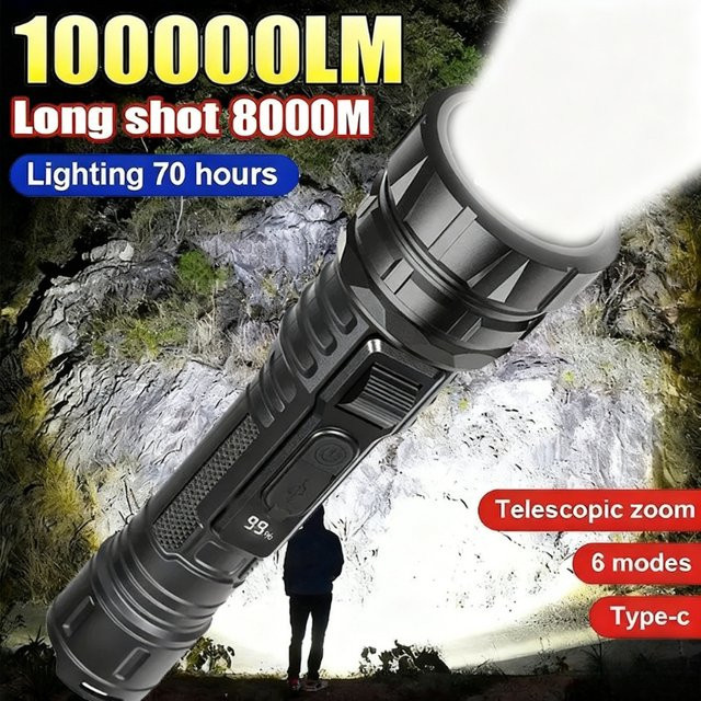 KDULIT Ultrahelle LED-Taschenlampe in Schwarz, wiederaufladbare taktische Lampe mit Zoom und 6 Modi für Outdoor, Camping und Notfälle - Bild 1