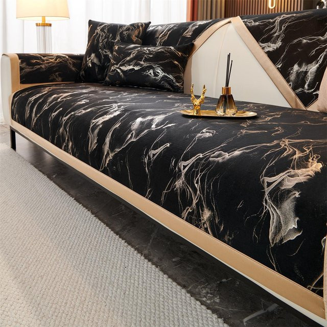 Rutschfester Samt-Sofabezug mit Marmorlinien-Druck für L-förmige Ecksofas von Super Six, Farbe: Schwarz, Breite: 70 cm, Länge: 120 cm - Bild 1