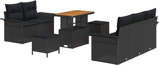 vidaXL Garten-Sofa-Set 8-teilig aus Poly Rattan und Stahl in Schwarz mit Sitzkissen - Bild 1