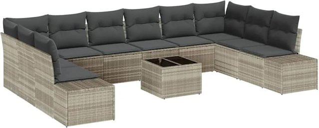 vidaXL Garten-Sofa-Set 11-tlg. aus Poly-Rattan in Hellgrau mit Kissen und Couchtisch - Bild 1