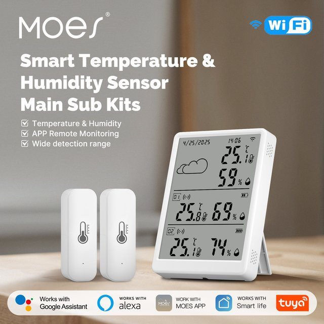 MOES Tuya WiFi RF433 Smart Temperatur und Luftfeuchtigkeit Sensor Kit mit LED-Bildschirm in Weiß für Alexa und Google Home - Bild 1
