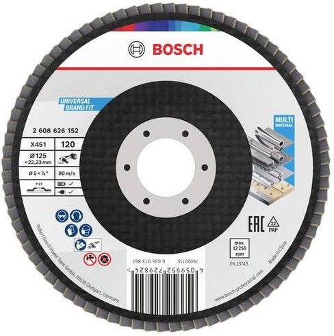 Bosch Fächerschleifscheibe für Metall, Durchmesser: 125 mm, Körnung: 120, Mehrfarbig - Bild 1