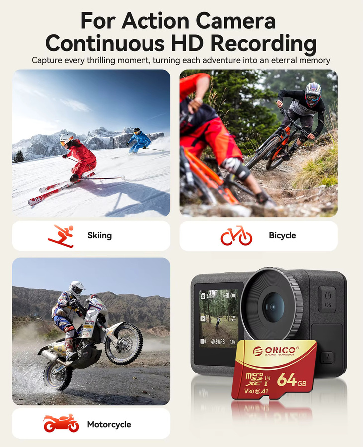 ORICO microSDXC UHS-I Speicherkarte 64 GB mit 180 MB/s, 4K-UHD, U3, Class10, V30, A1 für Action-Kamera und Dashcam, Multicolor - Bild 1