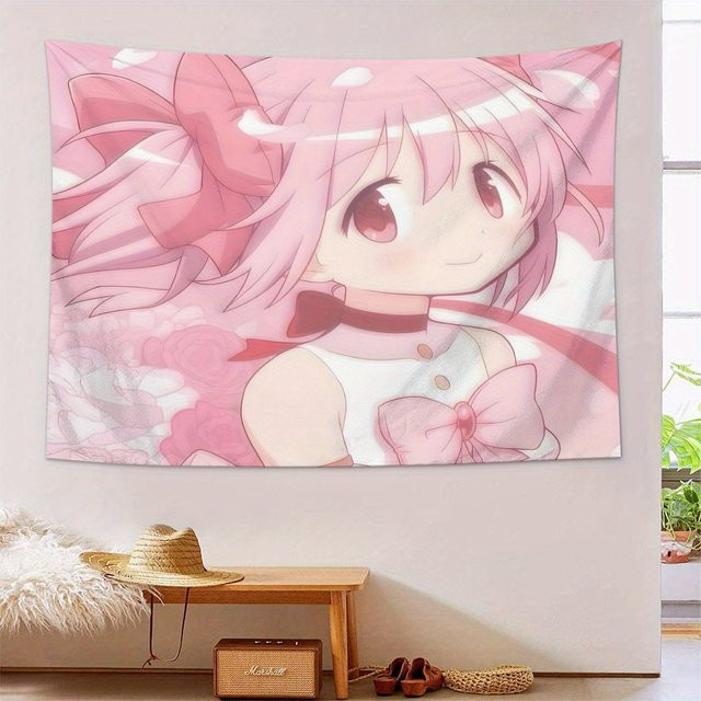 VIKAMA Wandteppich mit süßem Anime-Mädchen und rosa Schleife in Rosa, dekorative Textil-Illustration für dein Schlafzimmer oder Wohnzimmer - Bild 1