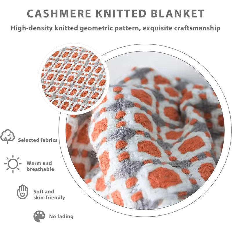 Inyahome Klassische Hahnentritt Plaid Decke mit Quasten, Gestrickte Kuscheldecke in Grau und Orange - Bild 2