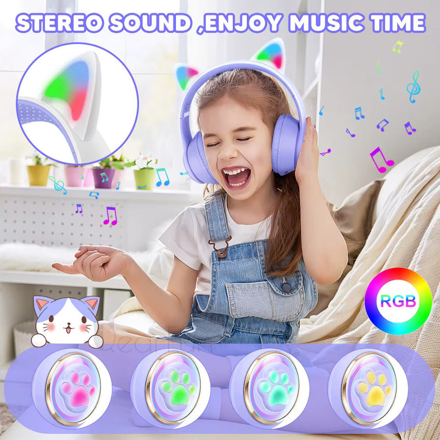 QearFun RGB Katzenohren Bluetooth Gaming Headset für Mädchen mit leuchtenden Katzenkrallen, Stereo Kopfhörer, Schwarz/Lila - Bild 3