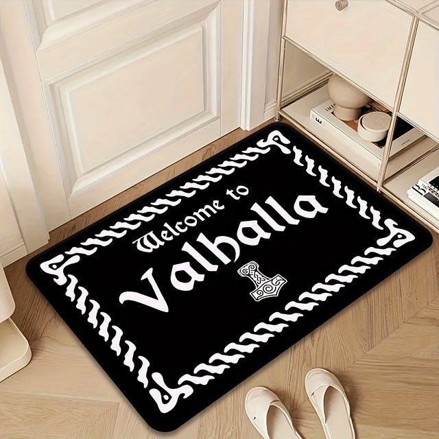 VIKAMA Viking Valhalla Fußmatte in Schwarz für den Eingangsbereich und Gaming-Raum mit nordischem Design - Bild 1