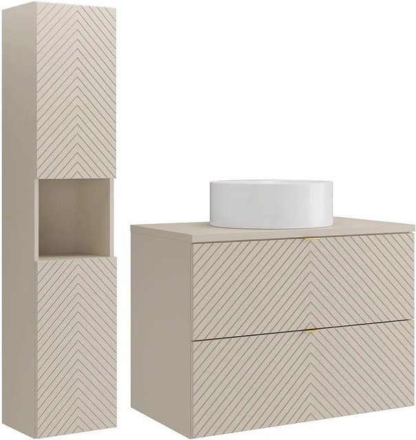 Dorioni Badmöbel-Set Beige mit Chevron-Muster bestehend aus Waschbeckenunterschrank, Aufsatzwaschbecken und Hochschrank Breite: 80 cm - Bild 1