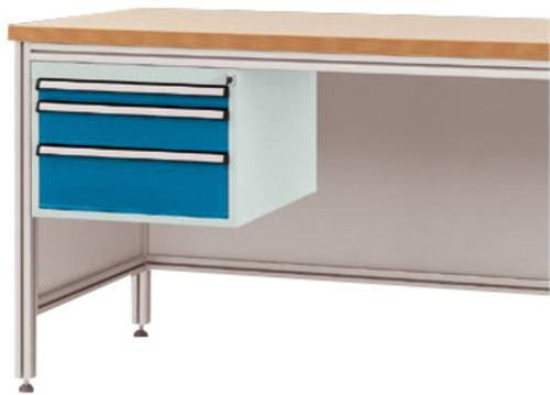 Manuflex Gehäuse-Unterbau ZB4672.5007 für ALU-Arbeitstische in Blau/Mehrfarbig mit 3 Schubfächern, Nutzhöhe: 300 mm, für Tischtiefe: 800 mm - Bild 1