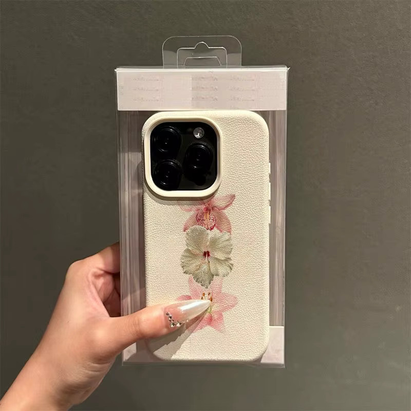 Minimalistische Handyhülle mit Blumenmustern und Litschi-Struktur für Apple iPhone 17, 16, 15 Serien in Beige und Weiß - Bild 2