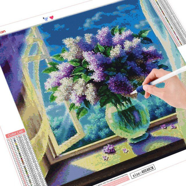 FIYO 5D-Diamant-Gemälde Blumen-Mosaik in Flieder und Mehrfarbig, Full Drill Diamant-Stickerei mit floralem Design, B/B/H: 30 x 30 x 30 cm - Bild 1