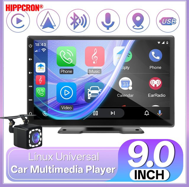 HIPPCRON 9-Zoll Auto-Stereoanlage mit IPS-Touchscreen, Multimedia-Videoplayer und kabellosem CarPlay sowie Android Auto, Schwarz - Bild 1