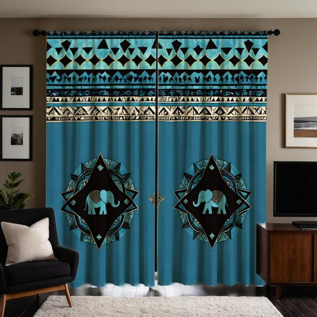 2er-Set Dekorative Vorhänge mit Thai-Elefanten-Motiv und Karomuster in Blau, Digitaldruck, B: 132 cm, H: 241 cm - Bild 1